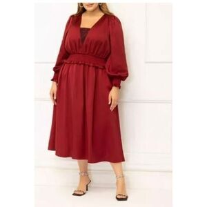 Eloquii Elements Womens Smocked Waist Midi Dress Size 16 Burgundy